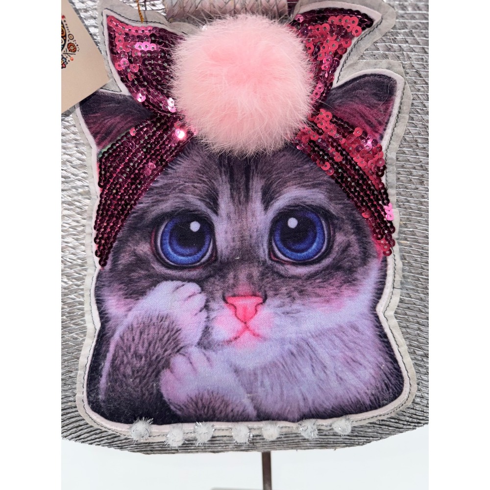 Morena Mia Mexican Handmade Straw Tote Bag Silver Pink Cat Sequin Pom Pom NEW - Picture 4 of 9